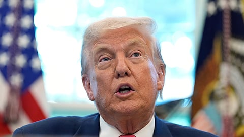US President Donald Trump speaks during an event in the Oval Office, Thursday, Aug. 14, 2025, in Washington.