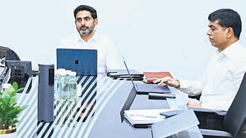 HRD Minister Nara Lokesh holds a review meeting with the Education Department officials at his Undavalli residence on Friday