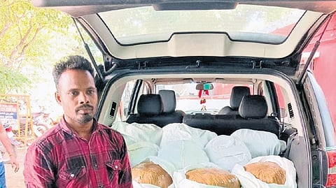 Tambaram Prohibition Enforcement Wing (PEW) on Sunday afternoon arrested Nilachal Palaka (35) of Odisha, near Pallavaram 200ft radial road and seized 105 kg of ganja, a car and a mobile phone. 