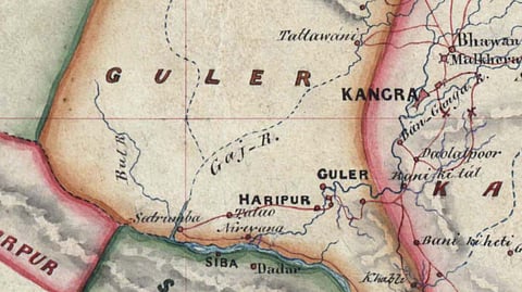 Detail of the main, continuous tract of territory of Guler from a map of the various hill states of the Punjab Hills region, copied in 1852