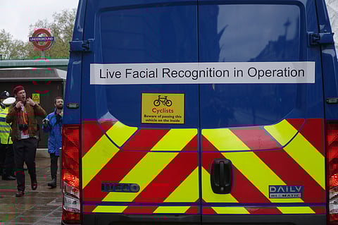Van being used by the metropolitan police as part of their Facial Recognition operation is pictured close to the route of the 'King's Procession', a two kilometres stretch from Buckingham Palace to Westminster Abbey, in central London, on May 6, 2023.