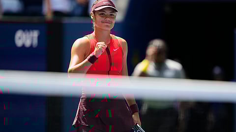 Emma Raducanu, of Great Britain, reacts after beating Ena Shibahara, of Japan, during the first round of the US Open tennis championships, Sunday, Aug. 24, 2025, in New York.