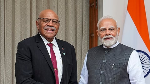 Prime Minister Narendra Modi with his Fijian counterpart Sitiveni Ligamamada Rabuka during a meeting at the Hyderabad House, in New Delhi, Monday, Aug. 25, 2025.