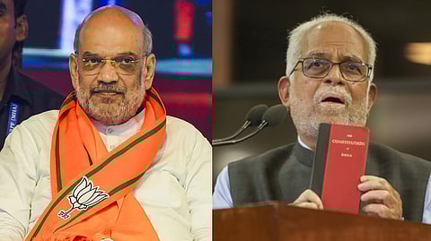 Union Home Minister Amit Shah (L),  ex-SC judge B. Sudershan Reddy (R) 