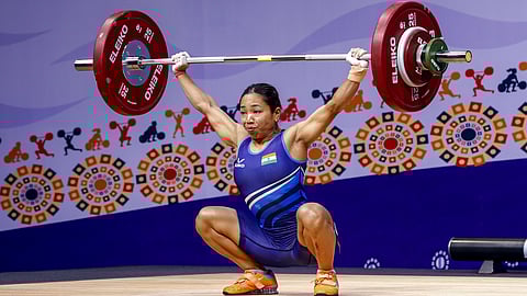 Mirabai Chanu in action during the 2025 Commonwealth Championships in Ahmedabad on Monday