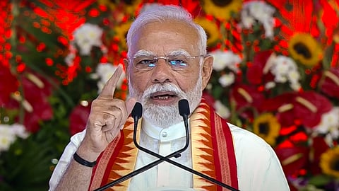 Prime Minister Narendra Modi addresses the foundation stone laying event of development projects worth over 5,400 crore rupees at Khodaldham ground, in Ahmedabad.