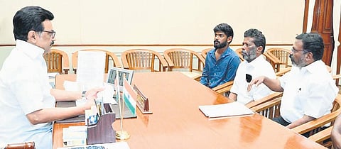 CM Stalin with father of Kavin who was recently murdered in Tirunelveli. 