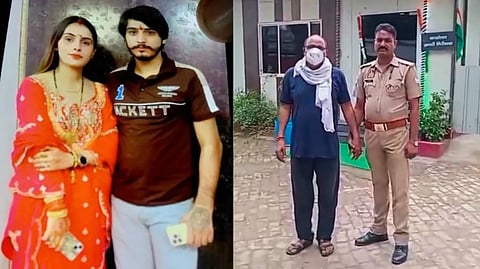 The woman was brutally assaulted and set ablaze by her husband and in-laws over a dowry demand of ₹36 lakh in Greater Noida's Sirsa village.  Police personnel with father-in-law of Nikki (L)