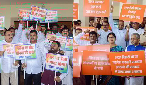 JMM leaders and BJP leaders stage protests during the supplementary Monsoon session of the Jharkhand Assembly, in Ranchi, Tuesday, August 26. 