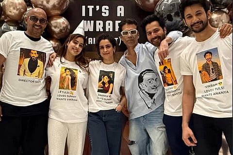 From left: Shashank Khaitan, Janhvi Kapoor, Sanya Malhotra, Karan Johar, Varun Dhawan and Rohit Saraf