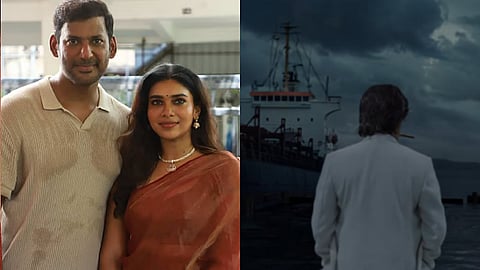 (L) Vishal and Dushara Vijayan during the launch of Vishal 35; (R) A still from Magudam title glimpse