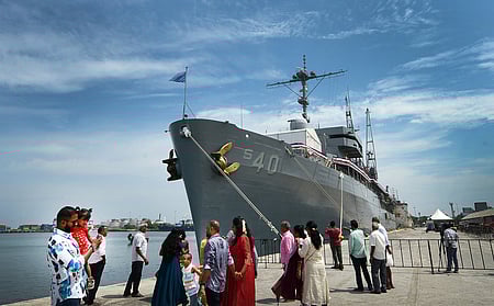 The US Navy’s USS Frank Cable (AS 40), the second Emory S. Land-class submarine tender, docked at Chennai Port .