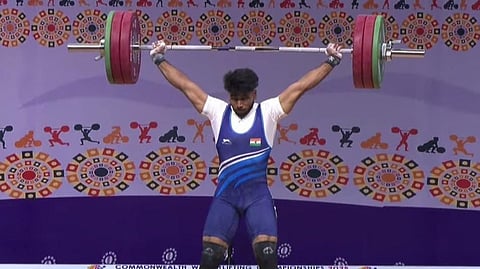 N Ajith in action during the Commonwealth Championships in Ahmedabad on Wednesday