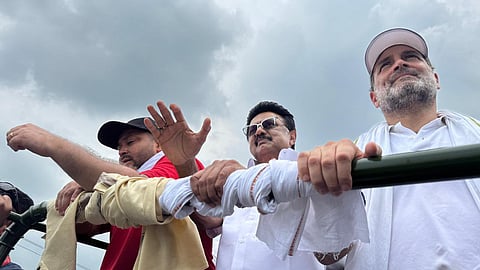 Tamil Nadu Chief Minister M K Stalin with Rahul Gandhi and Tejashwi Yadav.