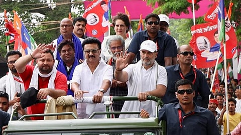 LoP in the Lok Sabha Rahul Gandhi, Tamil Nadu CM MK Stalin, LoP in the Bihar Legislative Assembly Tejashwi Yadav, CPI (ML) Liberation General Secretary Dipankar Bhattacharya, Congress leader Priyanka Gandhi Vadra, state party President Rajesh Ram during the 'Voter Adhikar Yatra', in Bihar. 