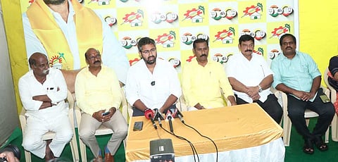  Visakhapatnam MP M Sribharat and other MLAs addressing press conference in Visakhapatnam on Tuesday.