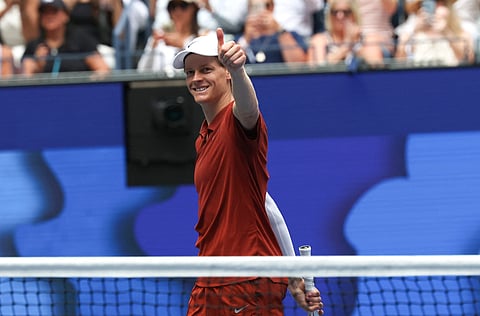 Jannik Sinner of Italy celebrates defeating Vit Kopriva of the Czech Republic in their men's singles first round tennis match on day three of the US Open tennis tournament on August 26, 2025.