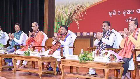 CM Mohan Majhi, dy CM KV Singh Deo, F&ARD min Gokulananda Mallik and others at the CM KISAN release function 