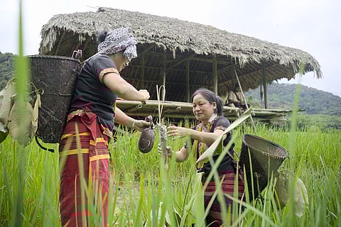 Local artist Samuel Gao hand-painted a cloth banner with cultural motifs, replacing plastic flex. 