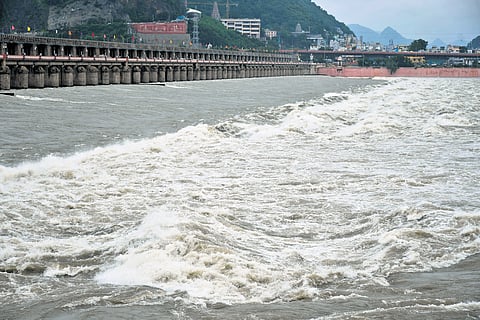 About 4.16 lakh cusecs of surplus water being released downstream from Prakasam Barrage in Vijayawada.