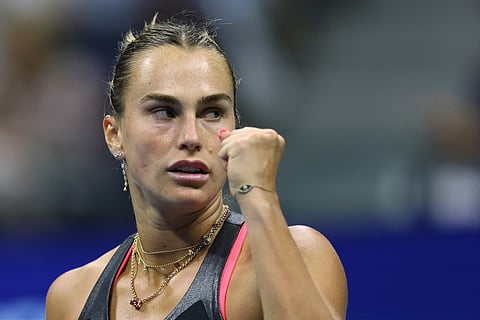 Belarus's Aryna Sabalenka celebrates after winning her women's singles second round tennis match against Russia's Polina Kudermetova on day four of the US Open tennis tournament on August 27, 2025.