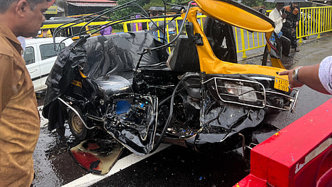 Mangled autorickshaw involved in the collision that claimed six lives.