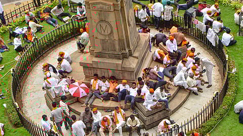 Supporters of activist Manoj Jarange Patil gather for a protest rally demanding Maratha reservation, at Azad Maidan, in Mumbai.