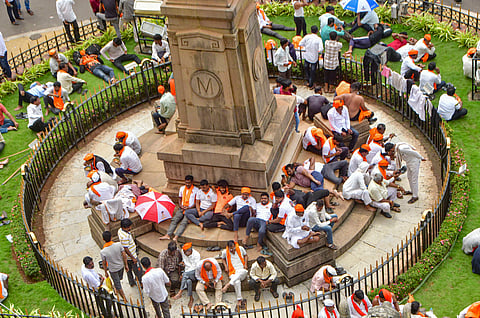 Supporters of activist Manoj Jarange Patil gather for a protest rally demanding Maratha reservation, at Azad Maidan, in Mumbai.