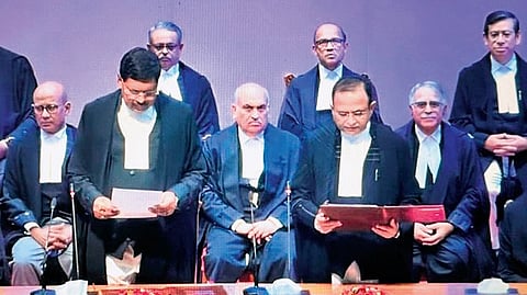 Screengrab of swearing-in of two SC judges Justices Alok Aradhe & Vipul M Pancholi