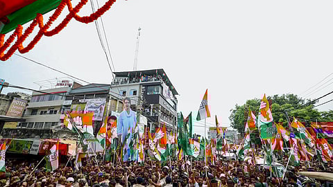 A view of the ‘Voter Adhikar Yatra’ launched by Congress leader Rahul Gandhi at Bithauli Chowk in Bihar.