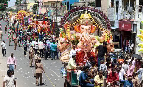 As part of Vinayagar Chaturthi celebration in Puducherry, colorful idols, which were taken in a procession amid heavy security