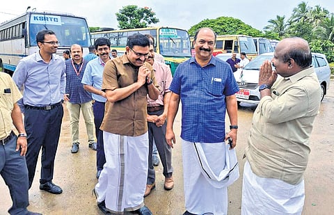 Finance Minister K N Balagopal, accompanied by Ernakulam MLA T J Vinod and Mayor M Anilkumar, visiting the proposed site for terminal construction on Saturday