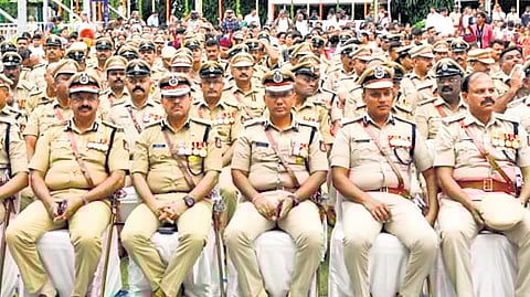 Police officers at the President’s Police Medal distribution ceremony in Raj Bhavan in Bengaluru on Saturday  