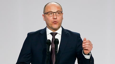 FILE - Ukrainian parliament speaker Andriy Parubiy speaks in Kiev, Ukraine, Tuesday, Jan. 29, 2019
