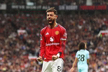 Bruno Fernandes celebrates after scoring his 100th goal for Manchester United in all competitions