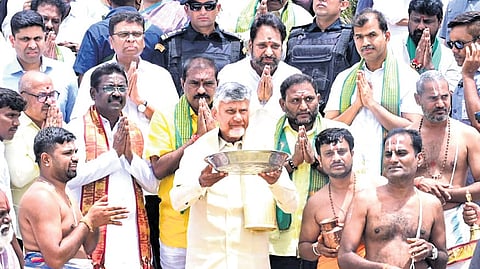 CM Chandrababu Naidu performs ‘Jala Harathi’ in  his Kuppam constituency on Saturday. 