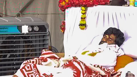 Maratha quota agitation leader Manoj Jarange during his hunger strike for the third day, in Mumbai, Sunday, Aug. 31, 2025