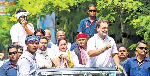 Congress leader Rahul Gandhi at the Voter Adhikar Yatra in Bihar. 