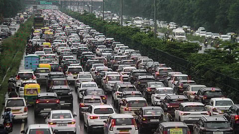Vehicles stuck in traffic jam on the Delhi-Gurugram Expressway during the Monsoon season, in Gurugram, Monday, Sep. 01