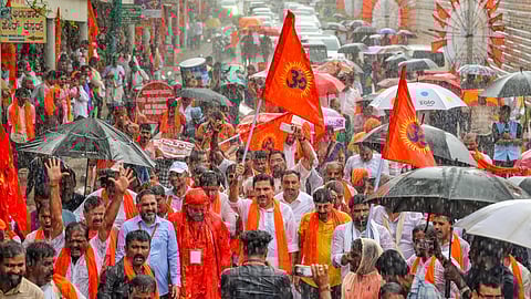 Karnataka BJP chief B.Y. Vijayendra and party leaders held a ‘padyatra’ to Dharmasthala Temple demanding an NIA probe into the mass burial case and condemning the alleged smear campaign, in Dakshina Kannada district, Karnataka, Monday, Sept. 1, 2025.
