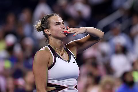 Aryna Sabalenka celebrates defeating Cristina Bucsa of Spain after their Women's Singles Fourth Round match on Day Eight of the 2025 US Open on August 31, 2025.