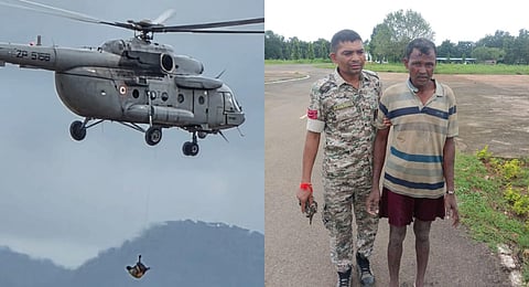 Picture of Irma Sodi being rescued by a chopper (L). Picture of rescued Irma Sodi with Chhatisgarh police (R).
