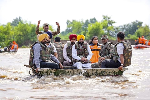 In this image posted on September 2, 2025, Punjab Chief Minister Bhagwant Mann during a visit at flood-hit Ferozepur.