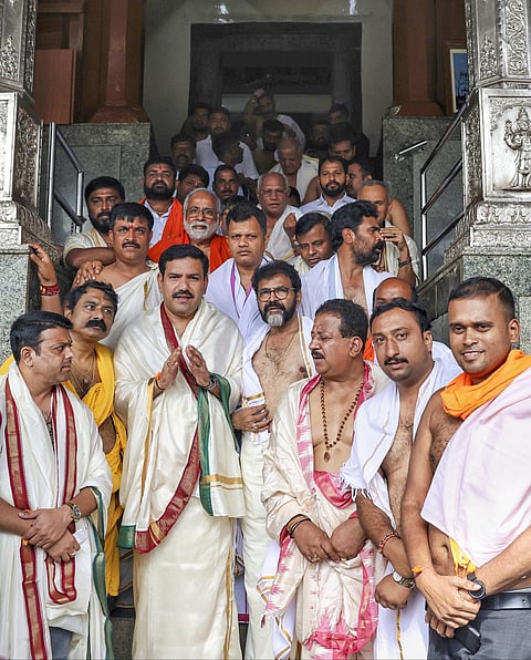 Karnataka BJP president B.Y. Vijayendra, along with party legislators, visited Manjunatha Swamy temple during the party’s ‘Dharmasthala Chalo’ rally, in Dharmasthala, Karnataka, on September 1, 2025. 