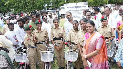 Energy Minister Gottipati Ravi Kumar distributed free bicycles to students at ZP High School, J. Pangaluru in Addanki constituency on Monday. 