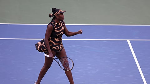 Venus Williams, of the United States, reacts with partner Leylah Fernandez, of Canada, during a third-round doubles match of the U.S. Open tennis championships, Monday, Sept. 1, 2025, in New York