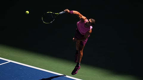 Carlos Alcaraz, of Spain, serves to Jiri Lehecka, of the Czech Republic, during the quarterfinal round of the US Open tennis championships, Tuesday, Sept. 2, 2025, in New York.