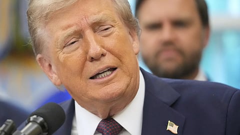 President Donald Trump speaks during an event about the relocation of U.S. Space Command headquarters from Colorado to Alabama in the Oval Office of the White House, Tuesday, Sept. 2, 2025, in Washington. 