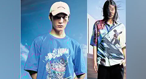 The collection, rendered in bruised reds, muted greys, and electric blues, plays with emotional codes as much as it does graphic ones.