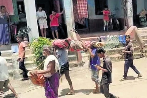 The fake bier taken to the cremation ground in Baliapalli village. 